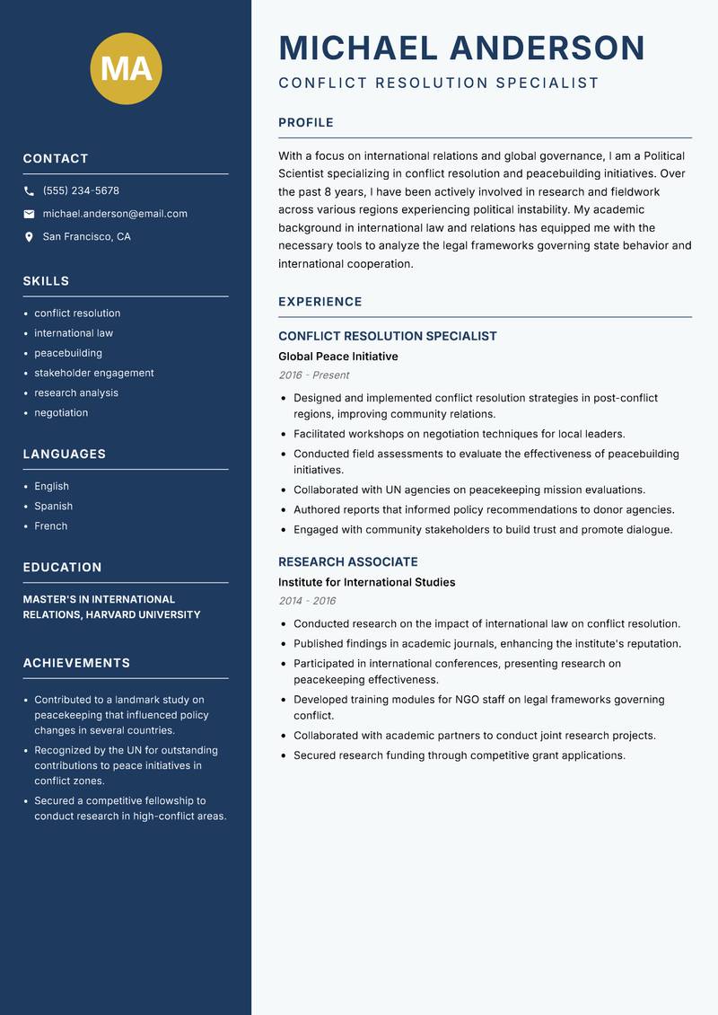 Political Scientist resume sample — Conflict Resolution Specialist focus