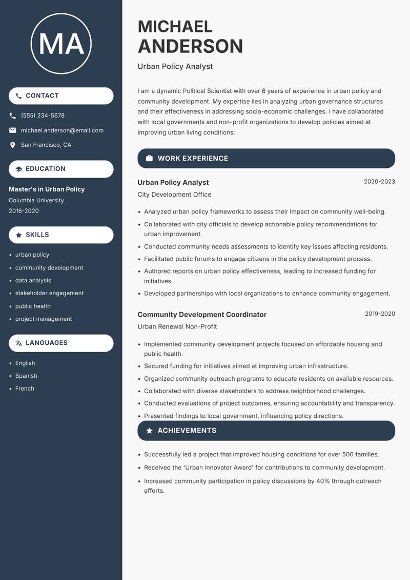 Political Scientist resume sample — Urban Policy Analyst focus