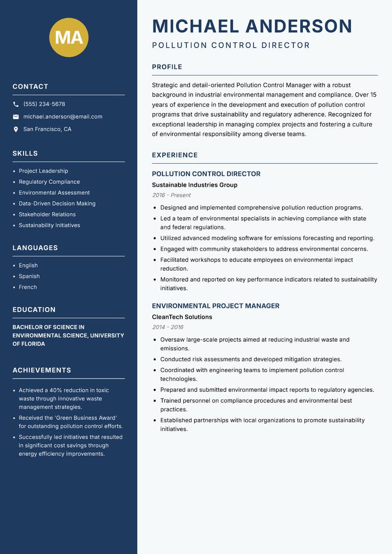 Pollution Control Manager resume sample — Pollution Control Director focus