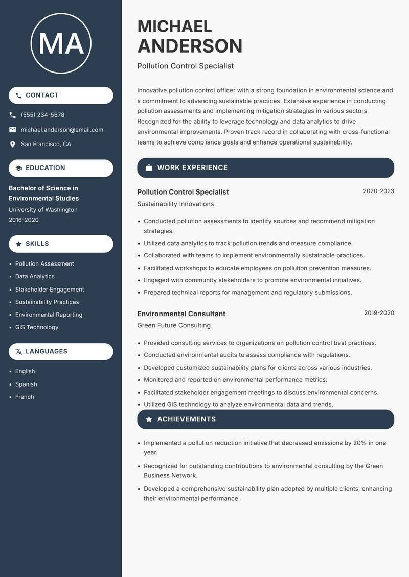 Pollution Control Officer resume sample — Pollution Control Specialist focus