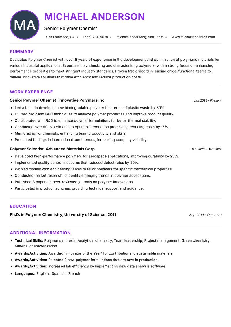Polymer Chemist resume example