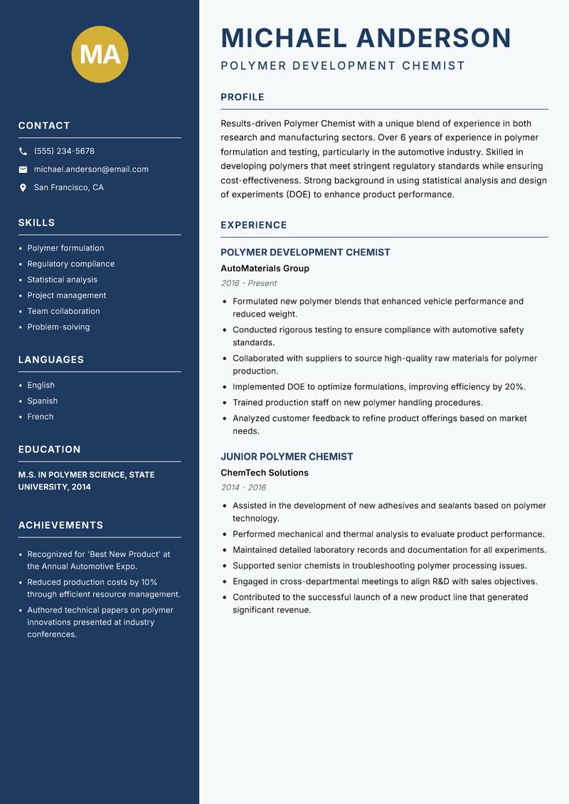 Polymer Chemist resume sample — Polymer Development Chemist focus