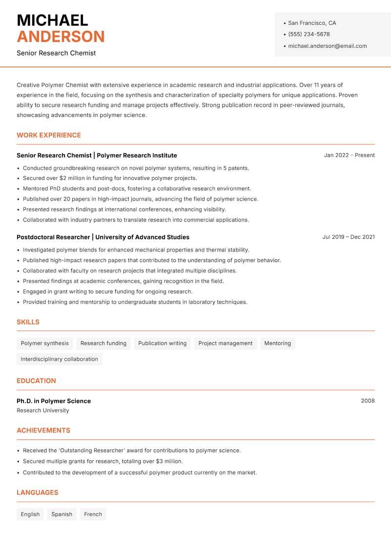 Polymer Chemist resume sample — Senior Research Chemist focus