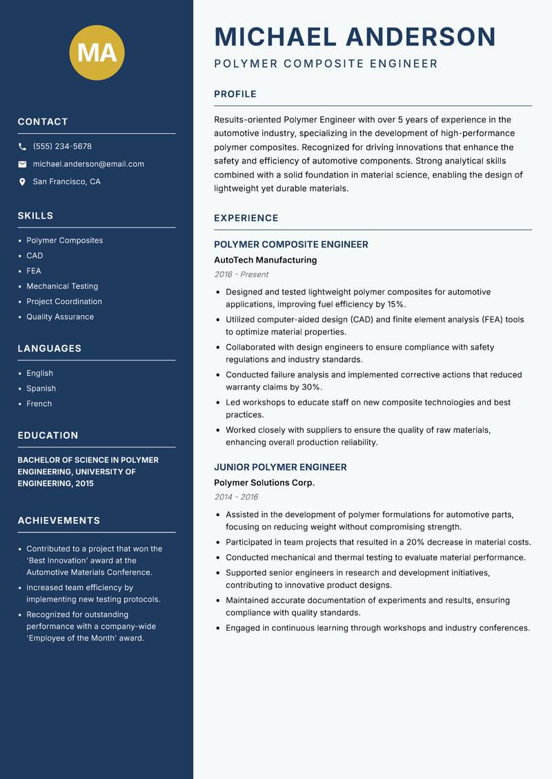 Polymer Engineer resume sample — Polymer Composite Engineer focus