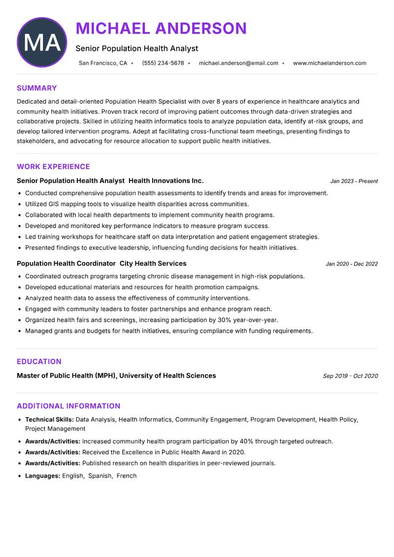 Population Health Specialist resume example
