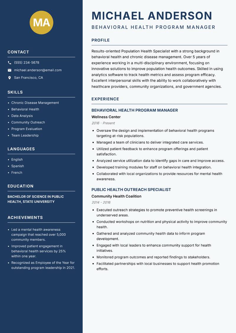 Population Health Specialist resume sample — Behavioral Health Program Manager focus