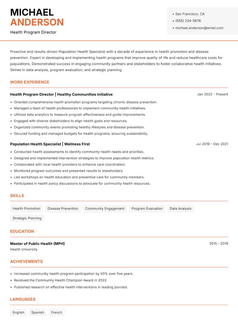 Population Health Specialist resume sample — Health Program Director focus