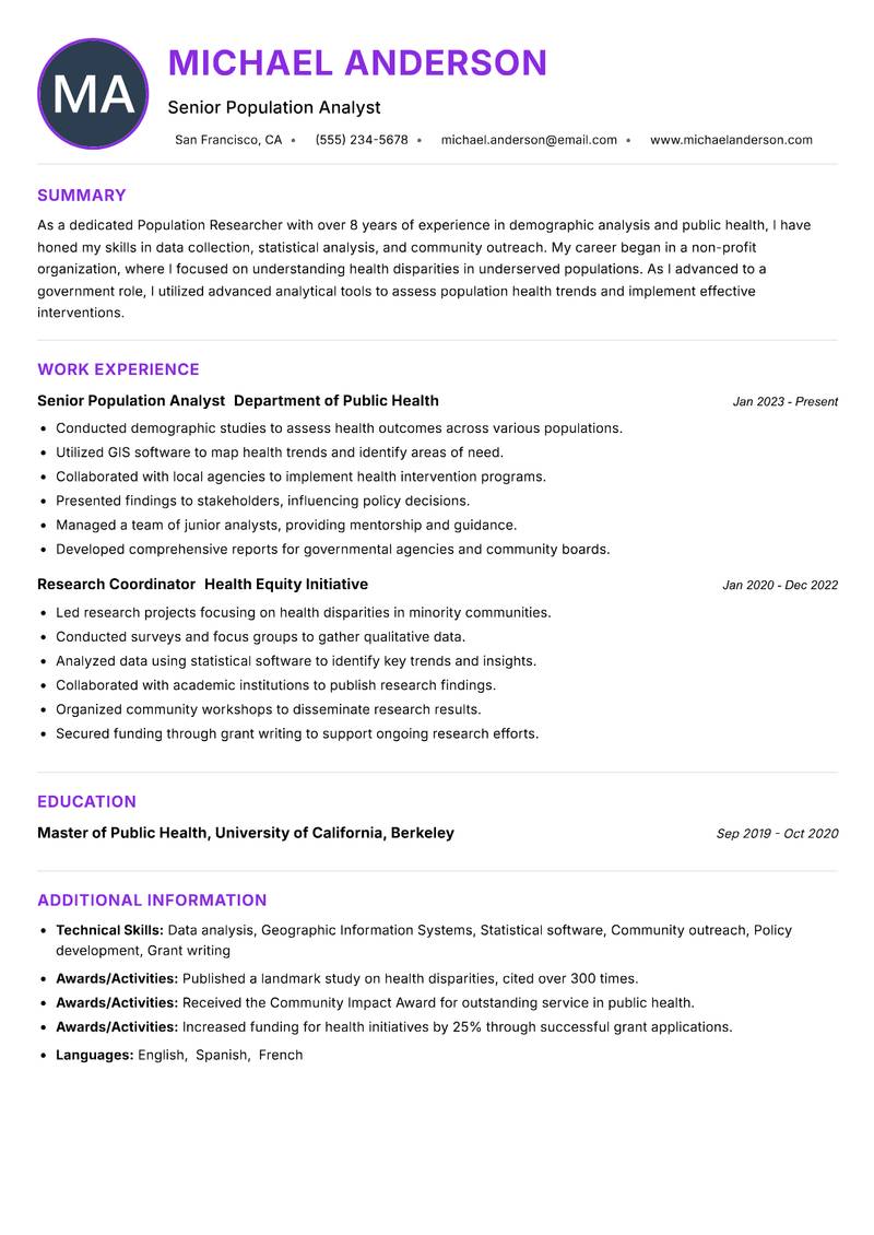 Population Researcher resume example