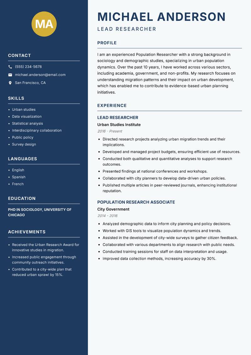 Population Researcher resume sample — Lead Researcher focus