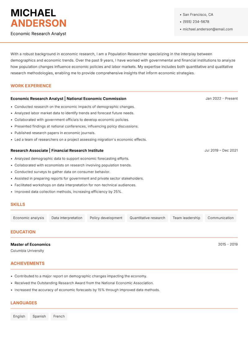 Population Researcher resume sample — Economic Research Analyst focus