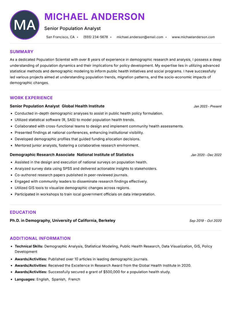 Population Scientist resume example