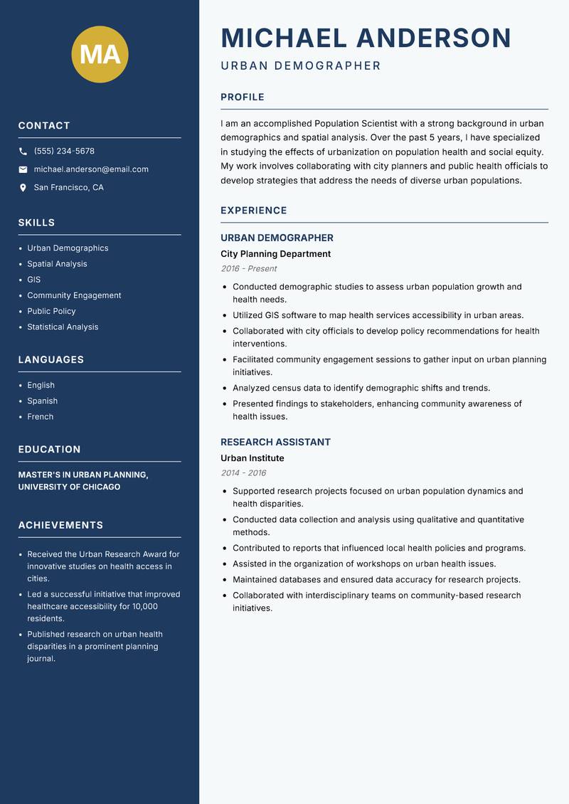Population Scientist resume sample — Urban Demographer focus