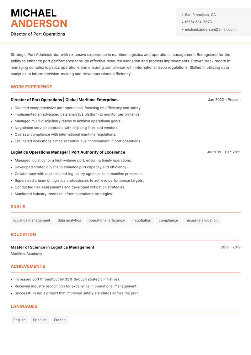 Port Administrator resume sample — Director of Port Operations focus