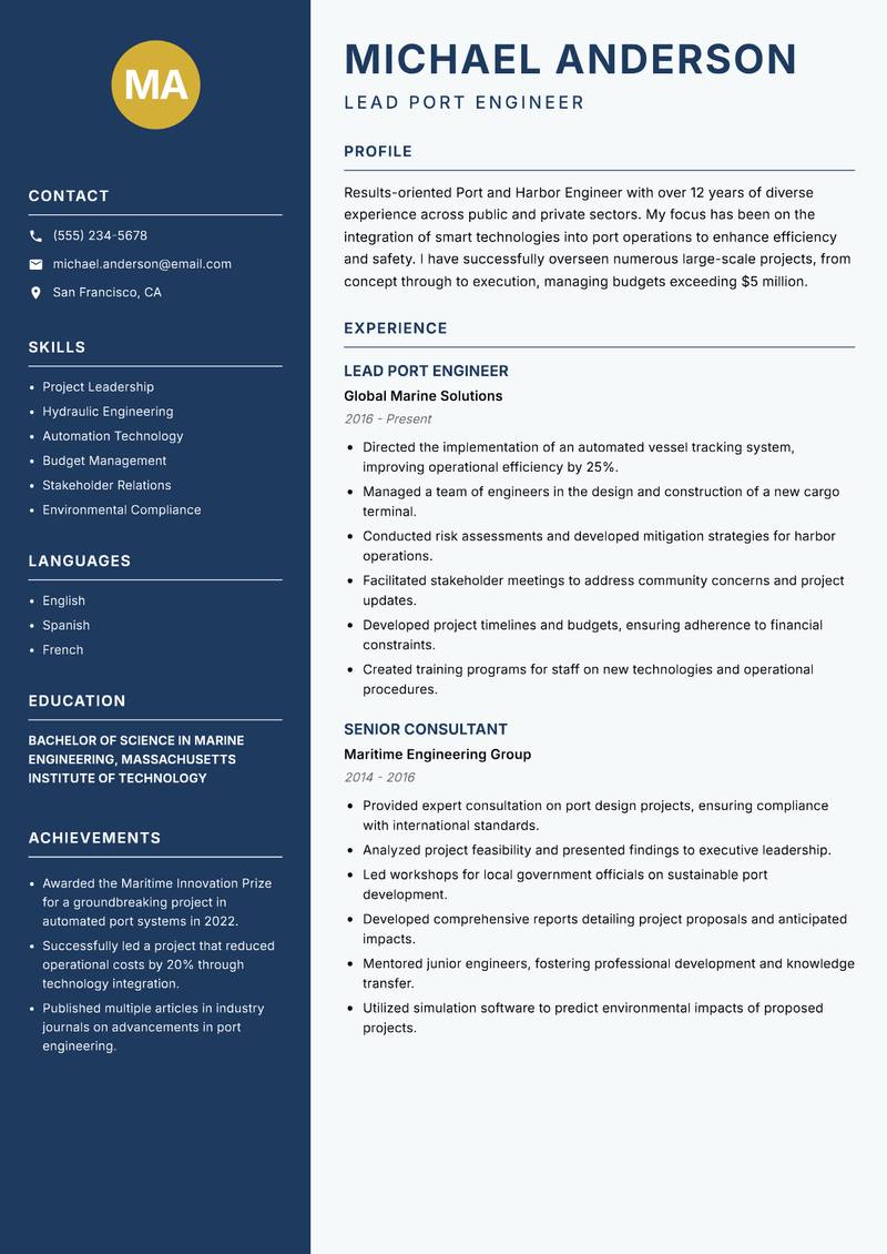 Port and Harbor Engineer resume sample — Lead Port Engineer focus