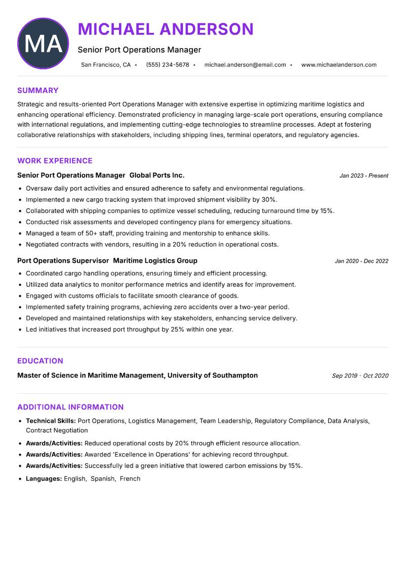 Port Operations Manager resume example