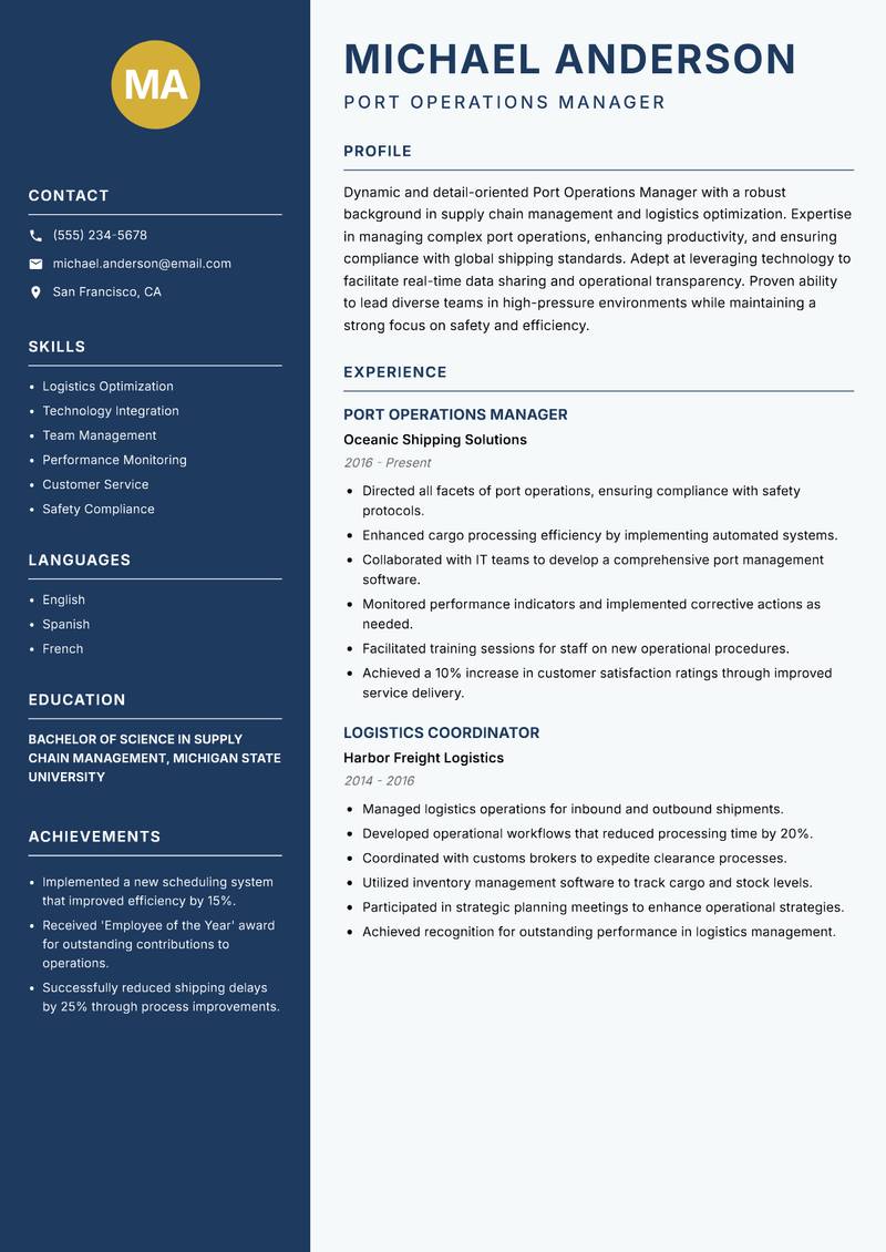 Port Operations Manager resume sample — Port Operations Manager focus