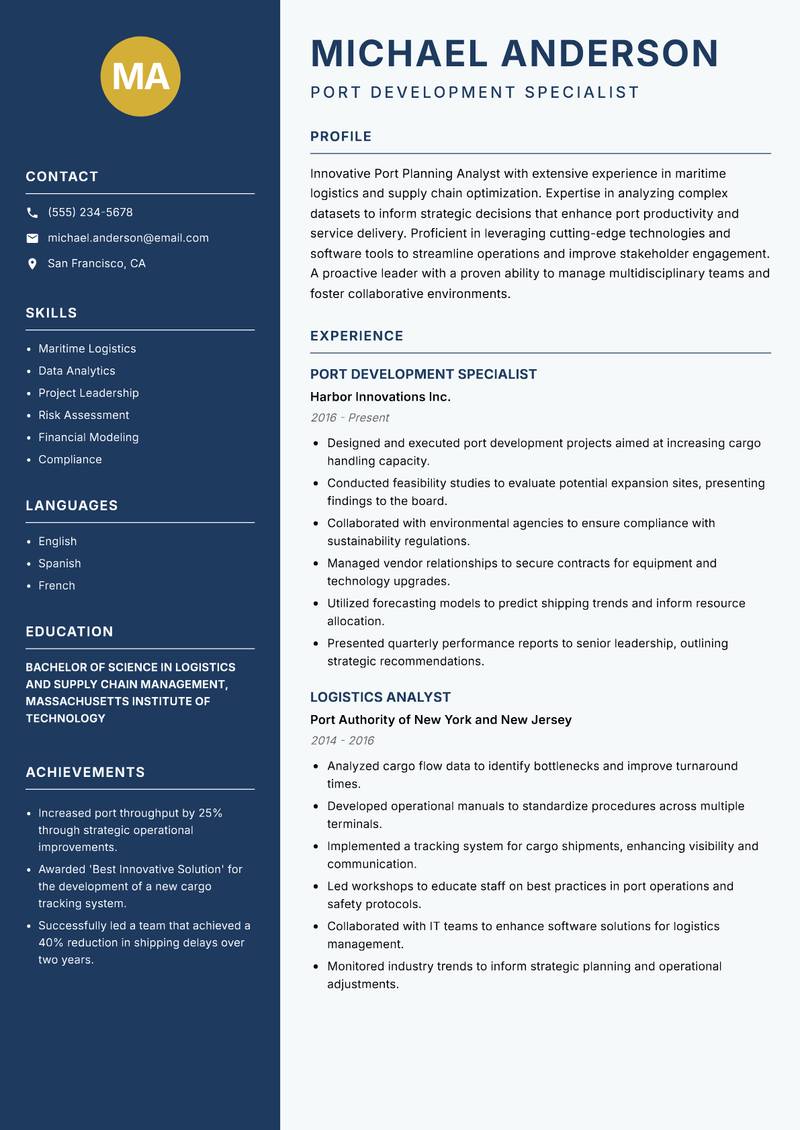 Port Planning Analyst resume sample — Port Development Specialist focus