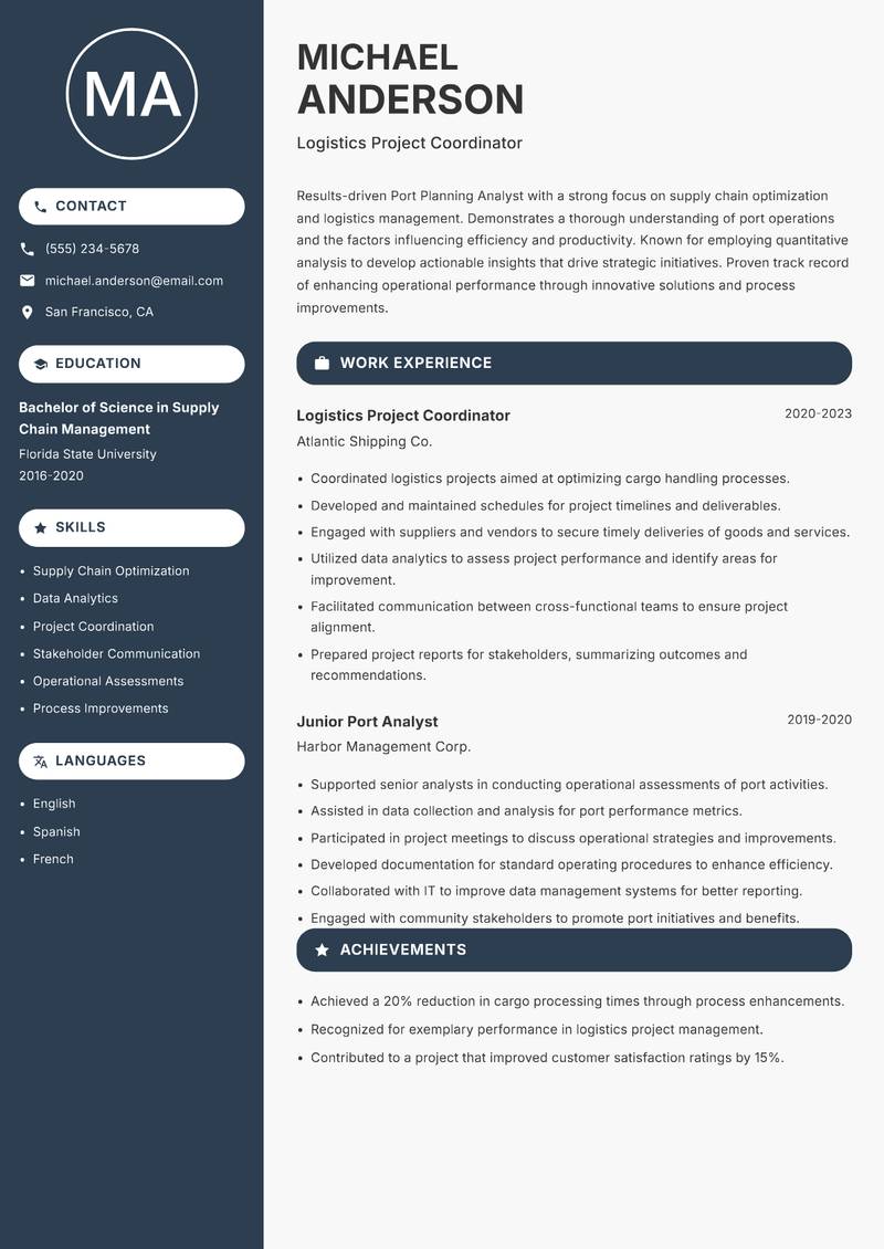 Port Planning Analyst resume sample — Logistics Project Coordinator focus