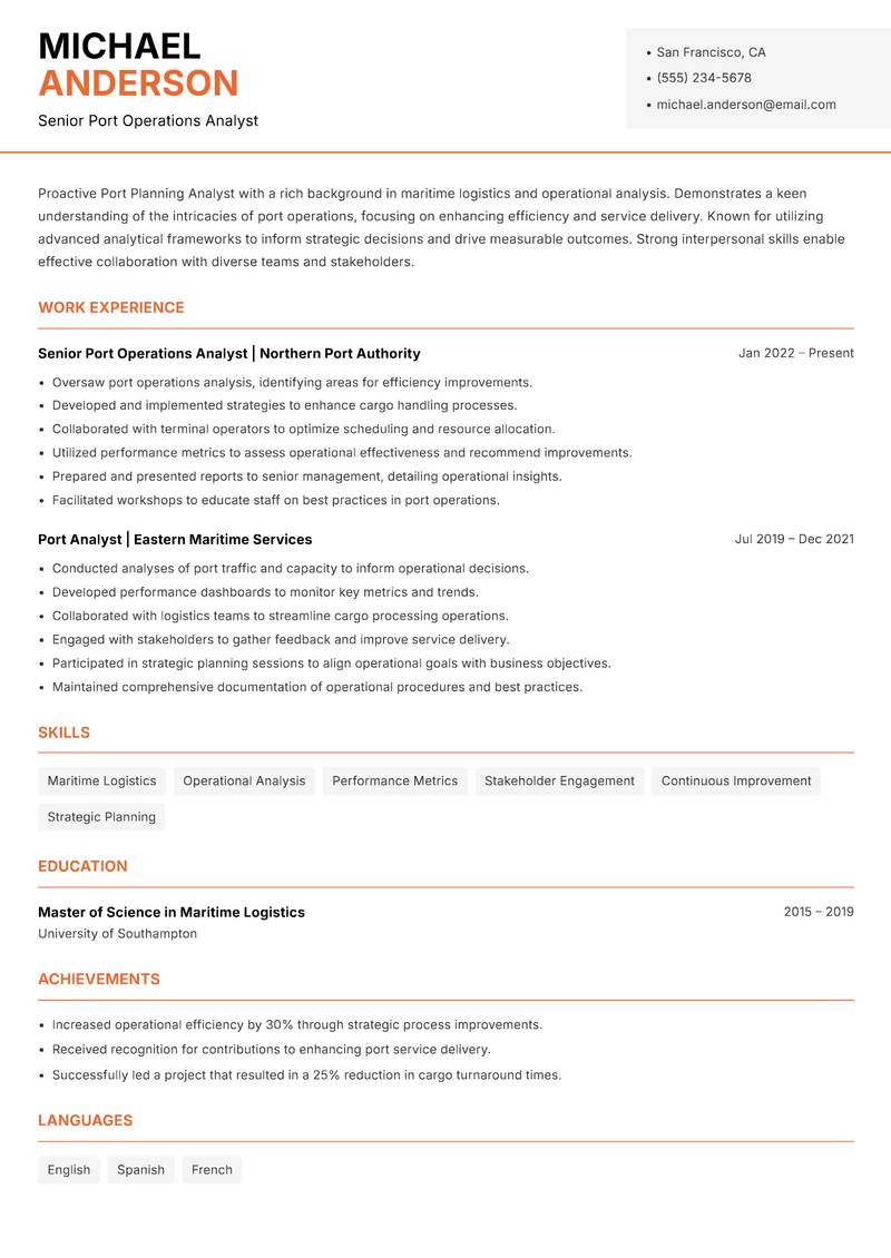 Port Planning Analyst resume sample — Senior Port Operations Analyst focus