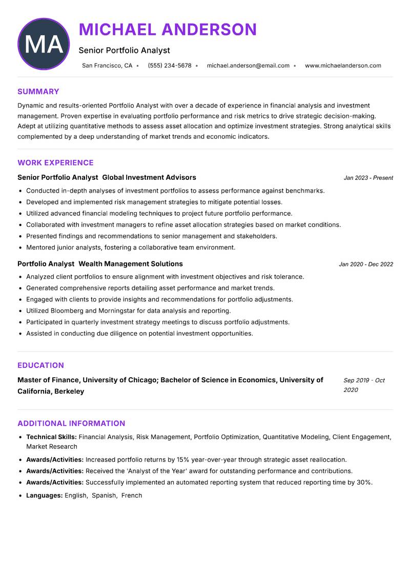 Portfolio Analyst resume example