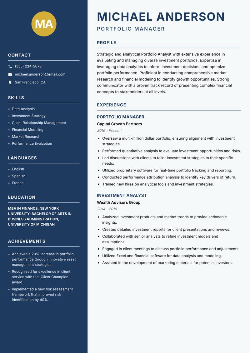 Portfolio Analyst resume sample — Portfolio Manager focus