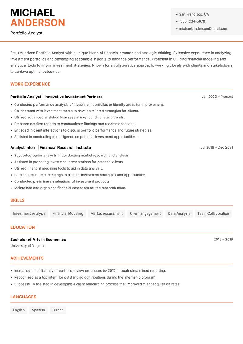 Portfolio Analyst resume sample — Portfolio Analyst focus