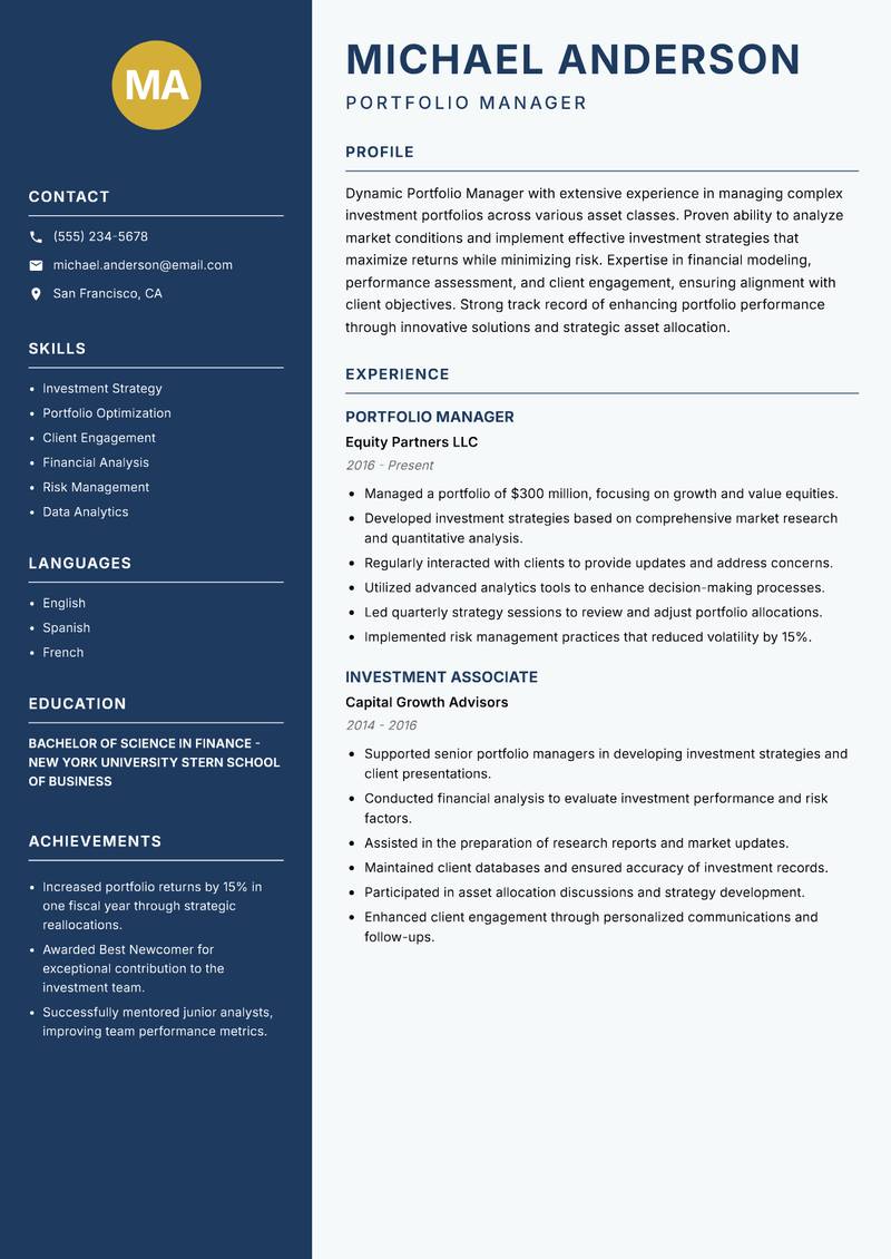 Portfolio Manager resume sample — Portfolio Manager focus