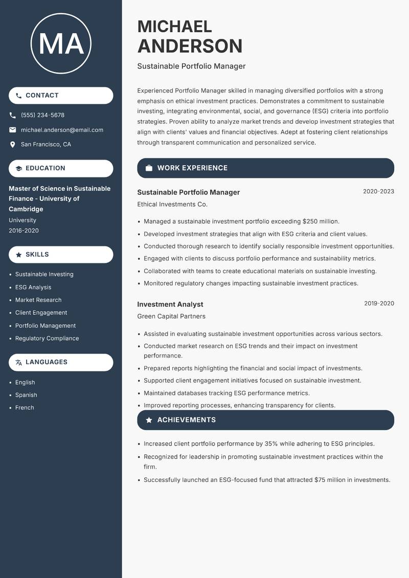 Portfolio Manager resume sample — Sustainable Portfolio Manager focus