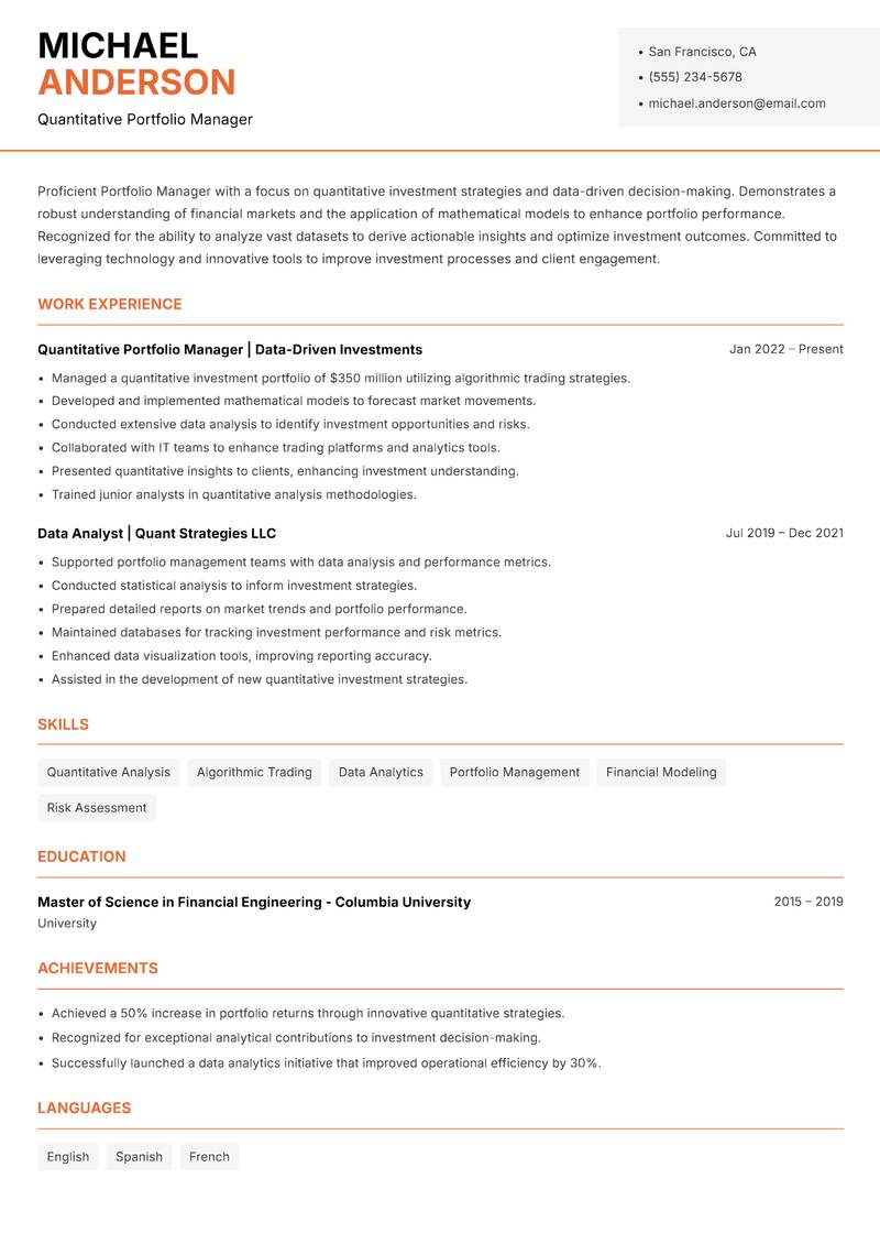 Portfolio Manager resume sample — Quantitative Portfolio Manager focus