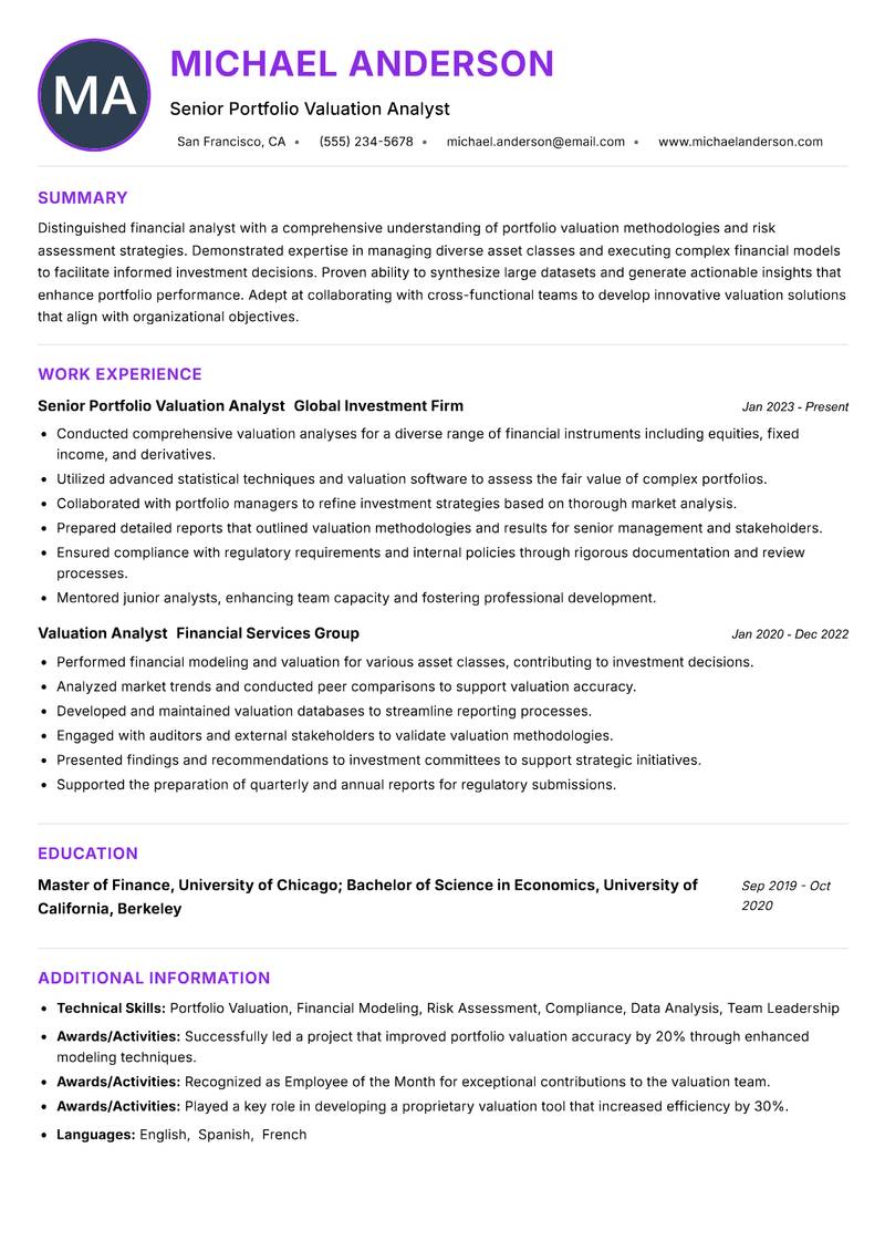Portfolio Valuation Analyst resume example