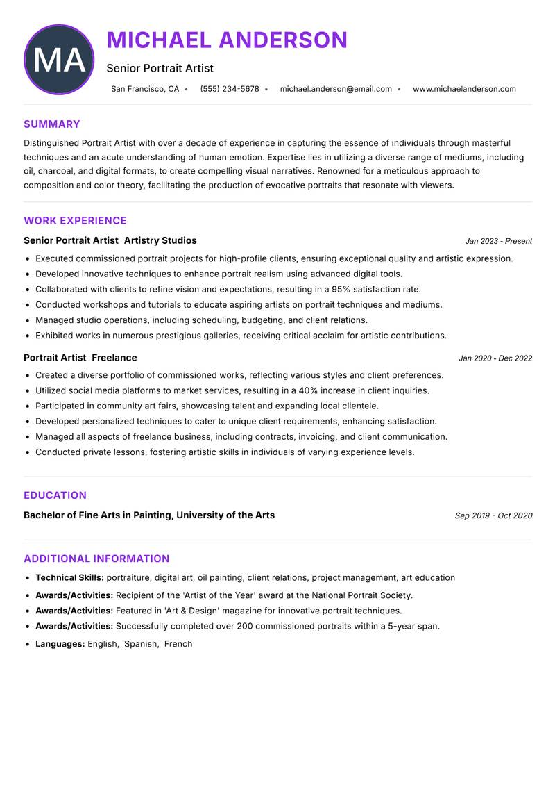 Portrait Artist resume example