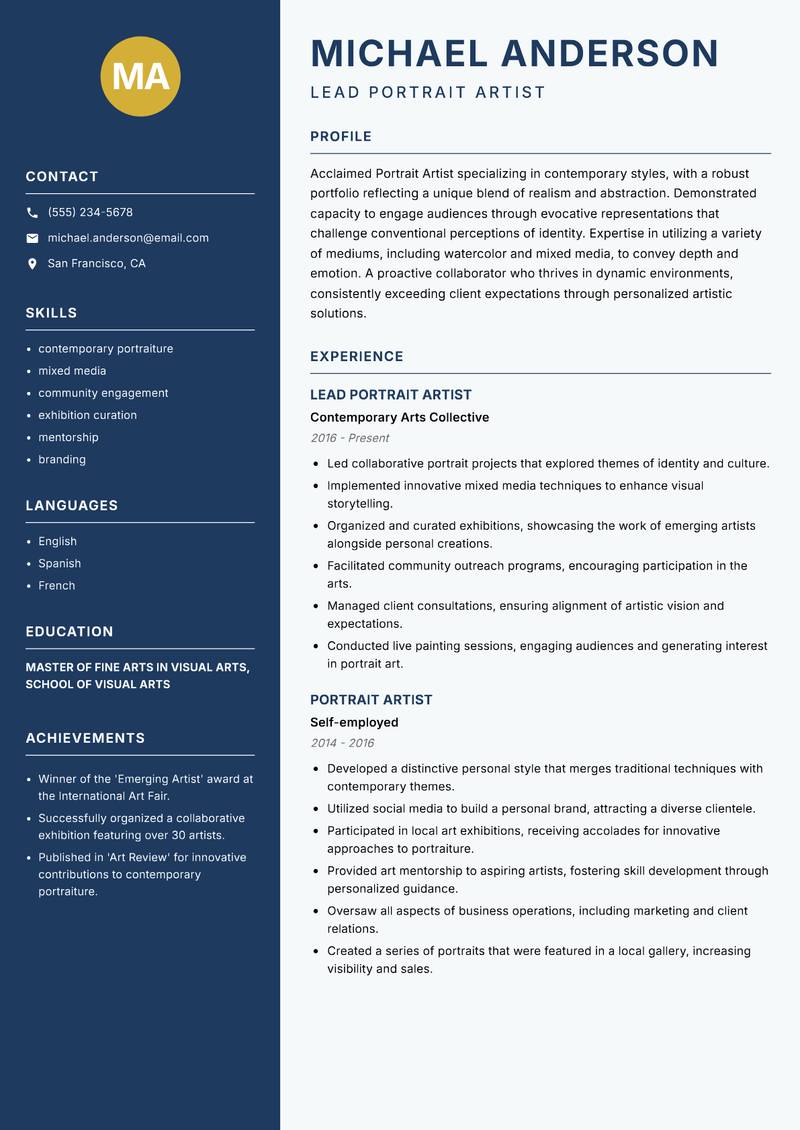 Portrait Artist resume sample — Lead Portrait Artist focus