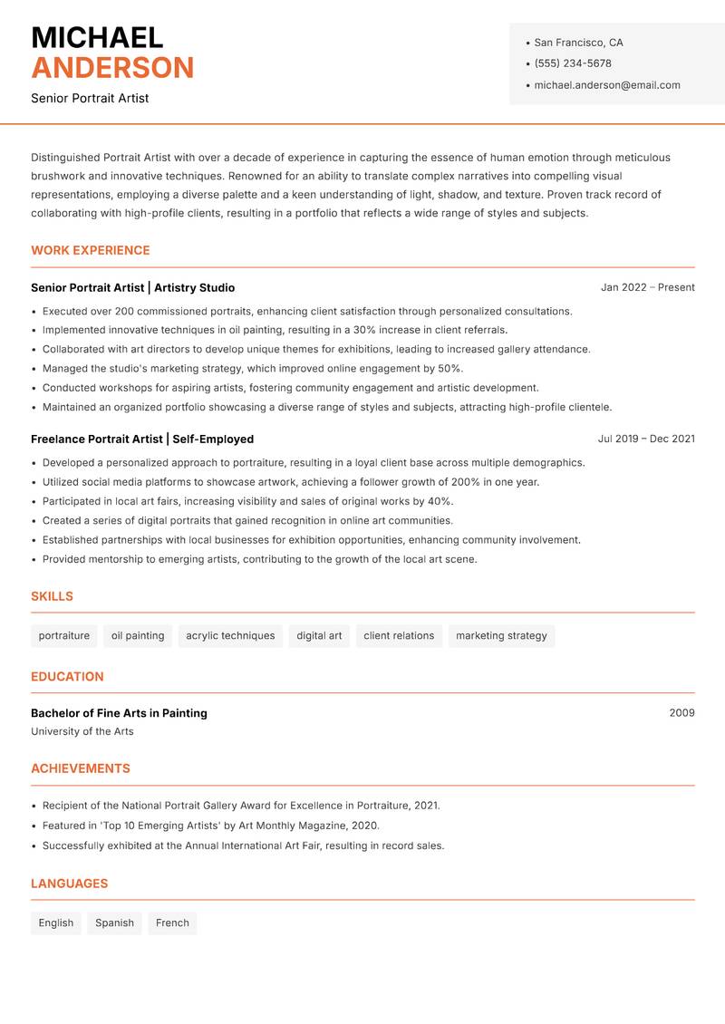 Portrait Artist resume sample — Senior Portrait Artist focus
