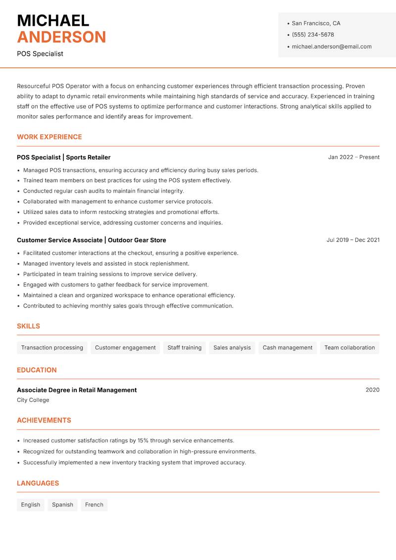 POS Operator resume sample — POS Specialist focus