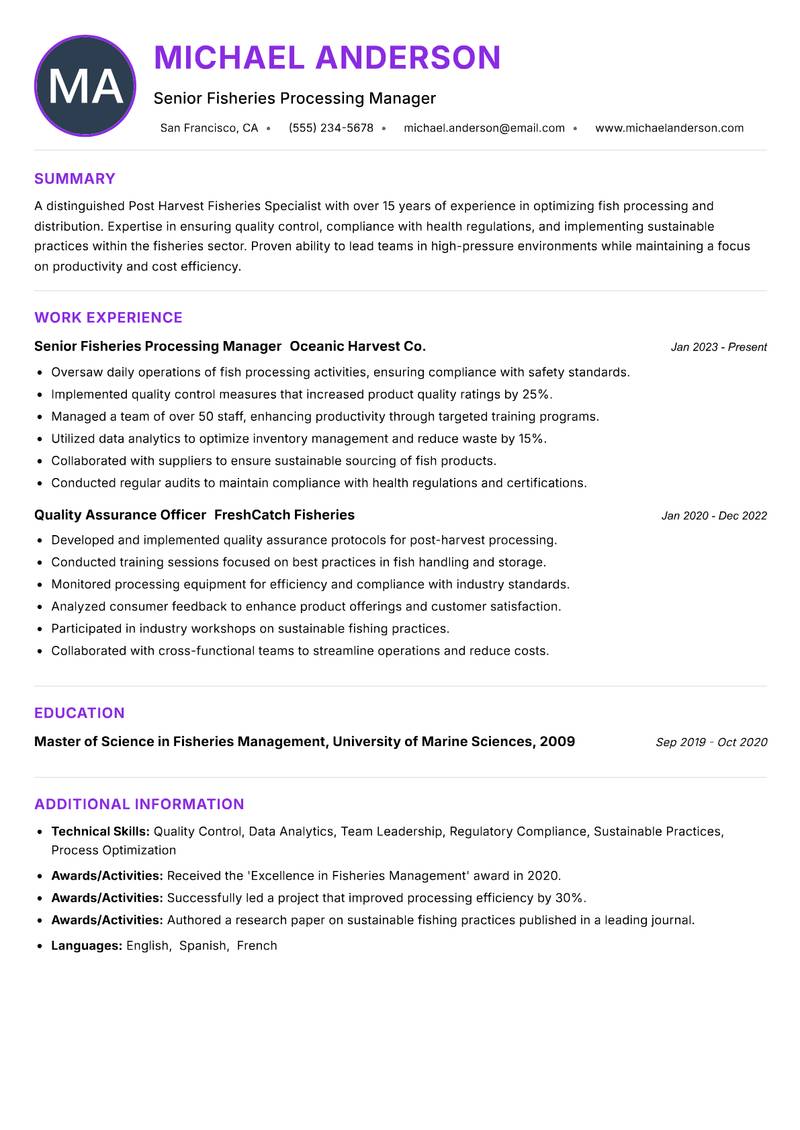 Post Harvest Fisheries Specialist resume example