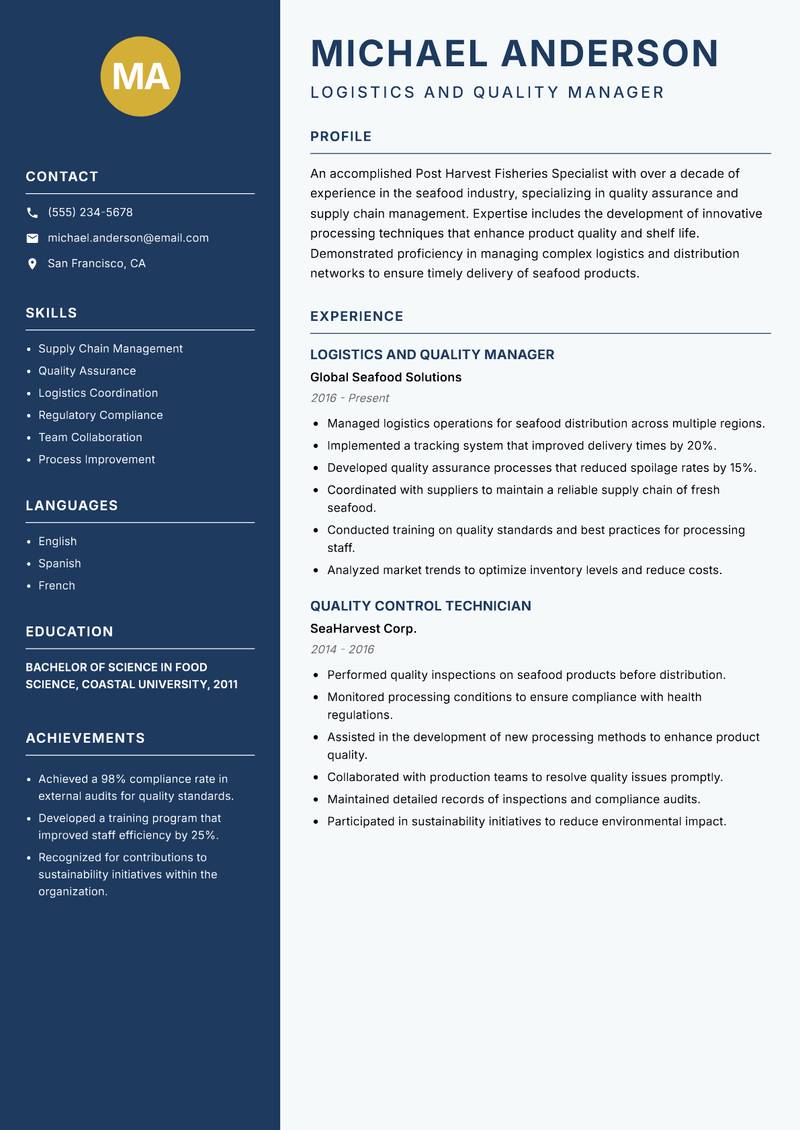 Post Harvest Fisheries Specialist resume sample — Logistics and Quality Manager focus