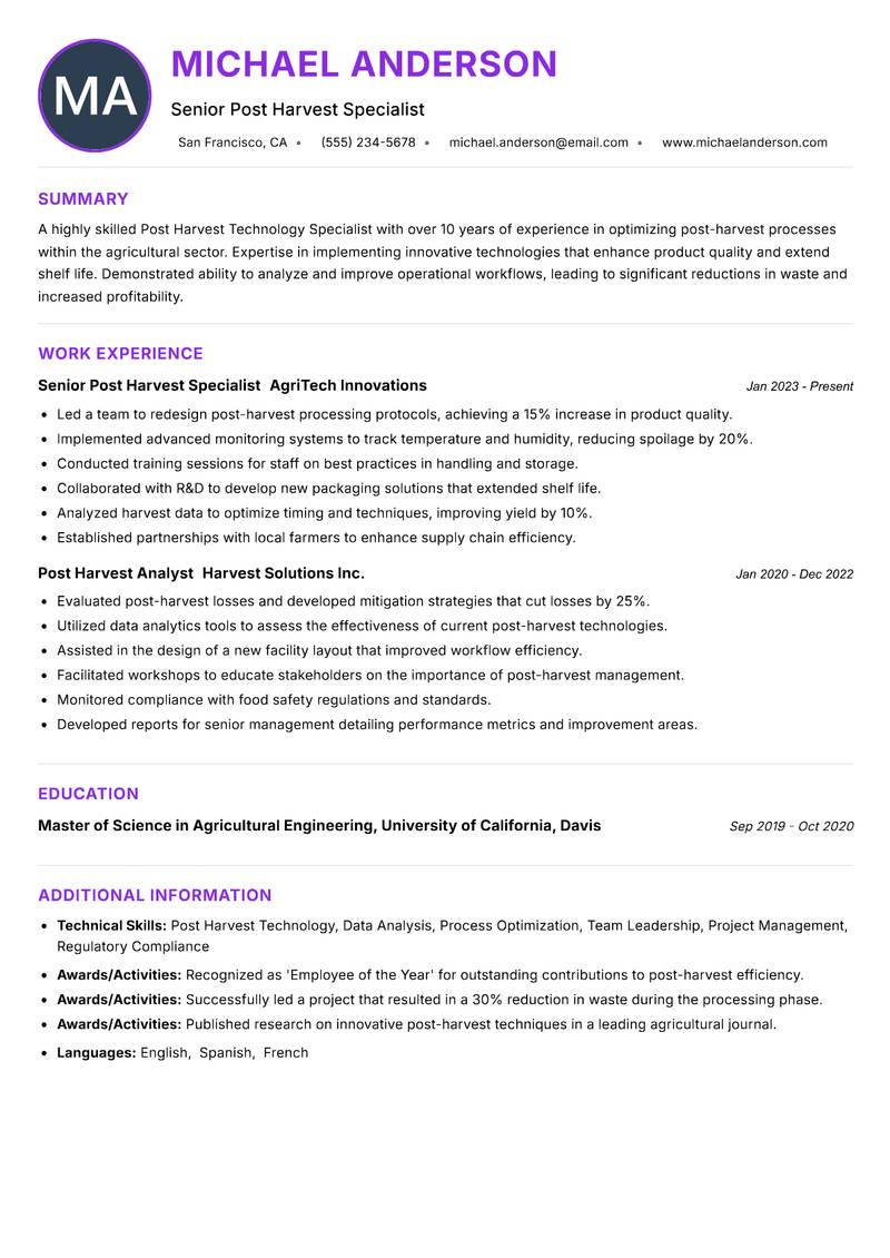 Post Harvest Technology Specialist resume example