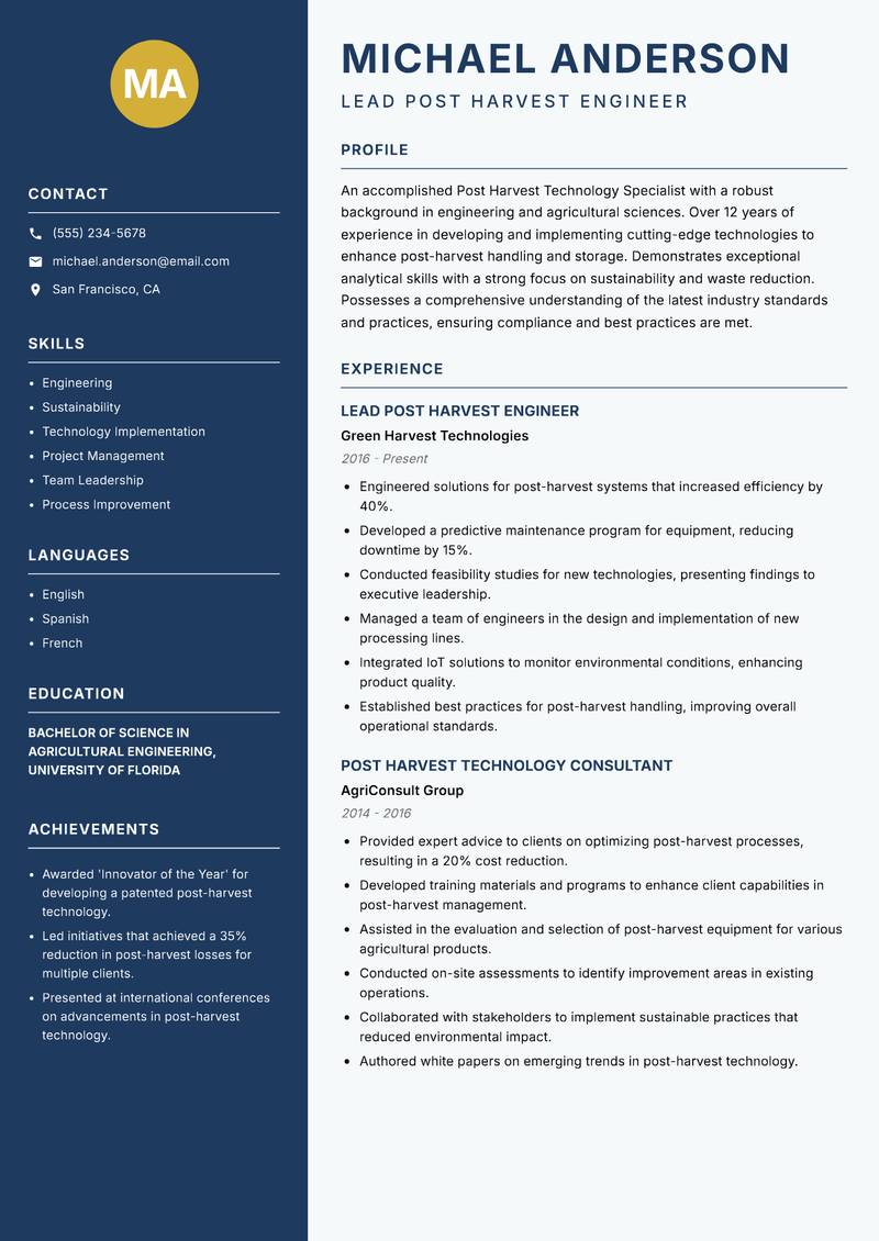Post Harvest Technology Specialist resume sample — Lead Post Harvest Engineer focus