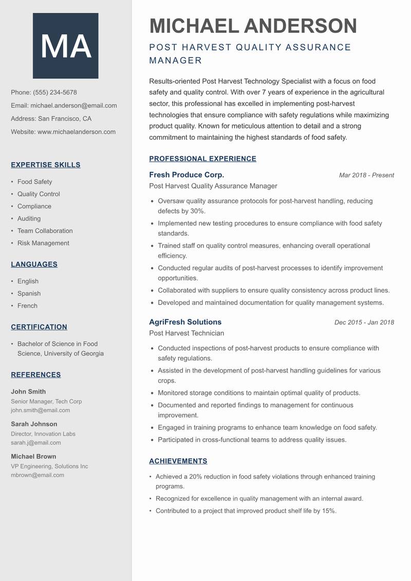 Post Harvest Technology Specialist resume sample — Post Harvest Quality Assurance Manager focus