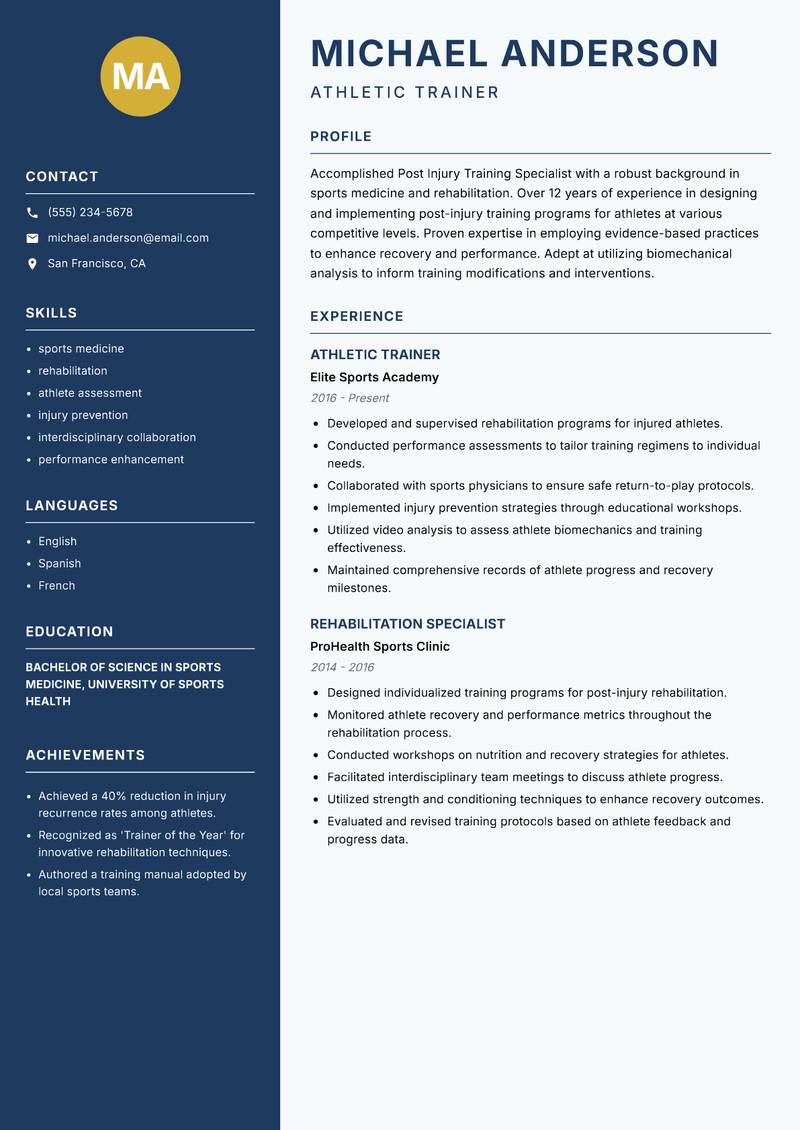 Post Injury Training Specialist resume sample — Athletic Trainer focus
