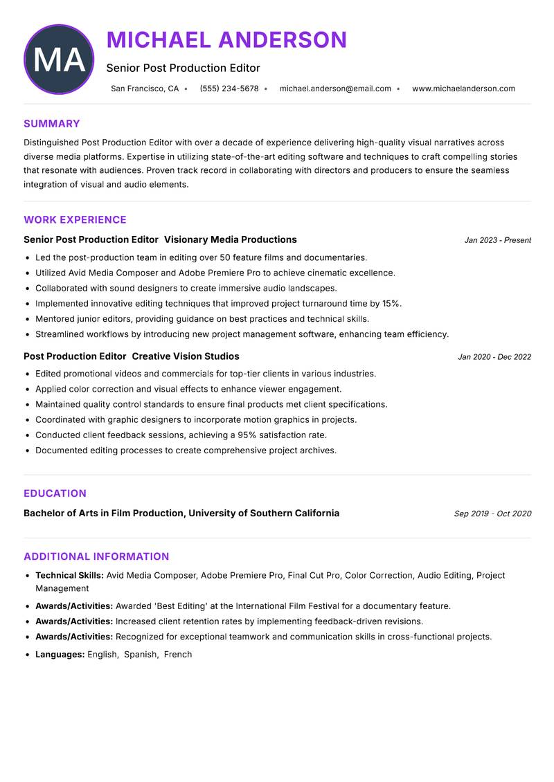 Post Production Editor resume example