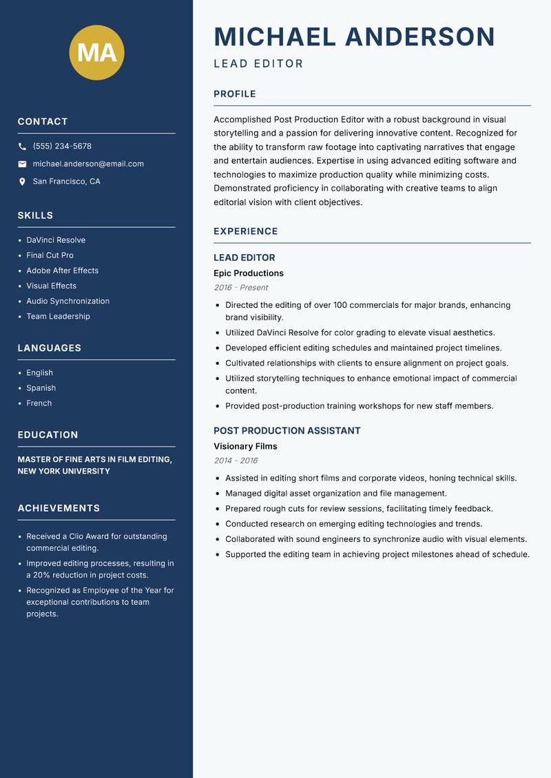 Post Production Editor resume sample — Lead Editor focus