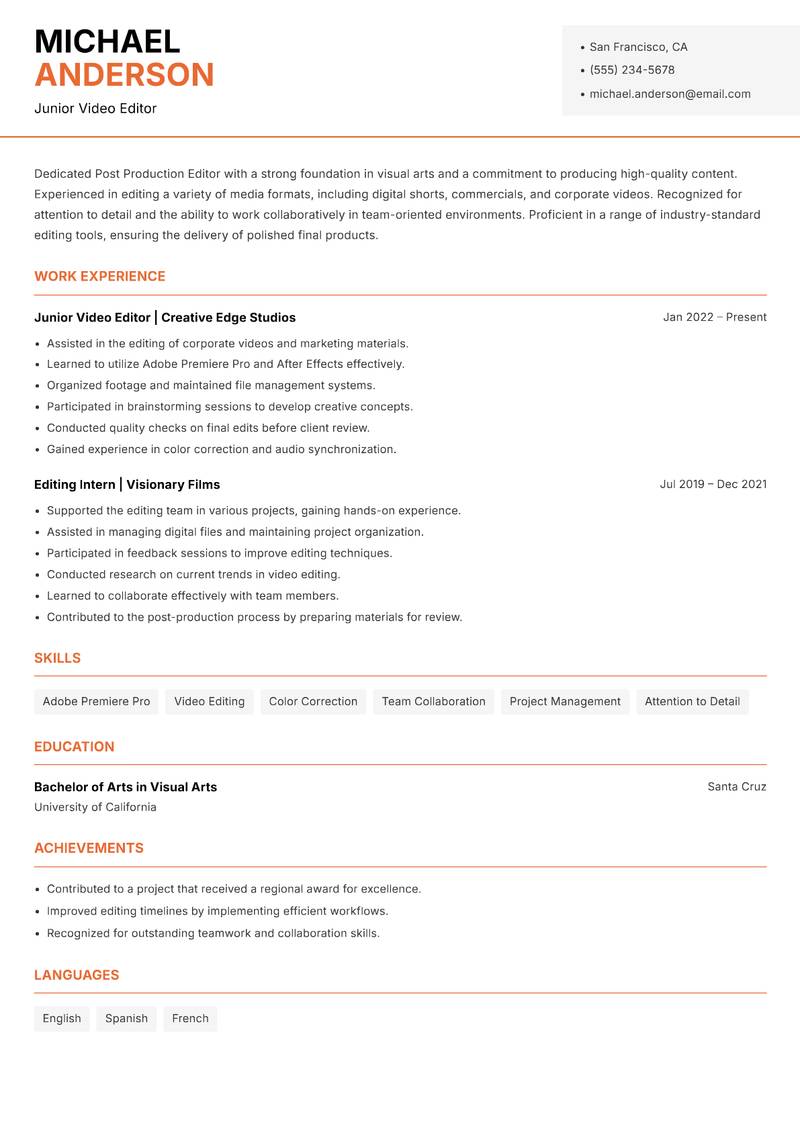 Post Production Editor resume sample — Junior Video Editor focus