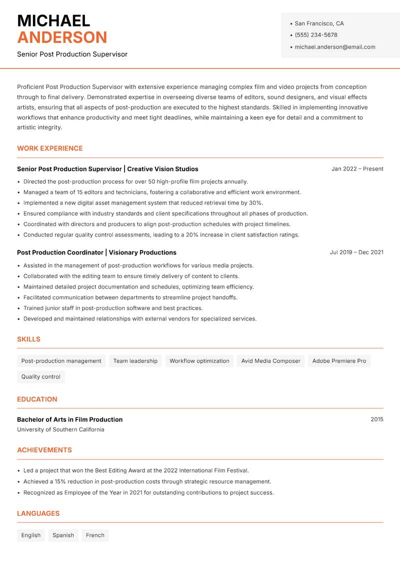 Post Production Supervisor resume sample — Senior Post Production Supervisor focus