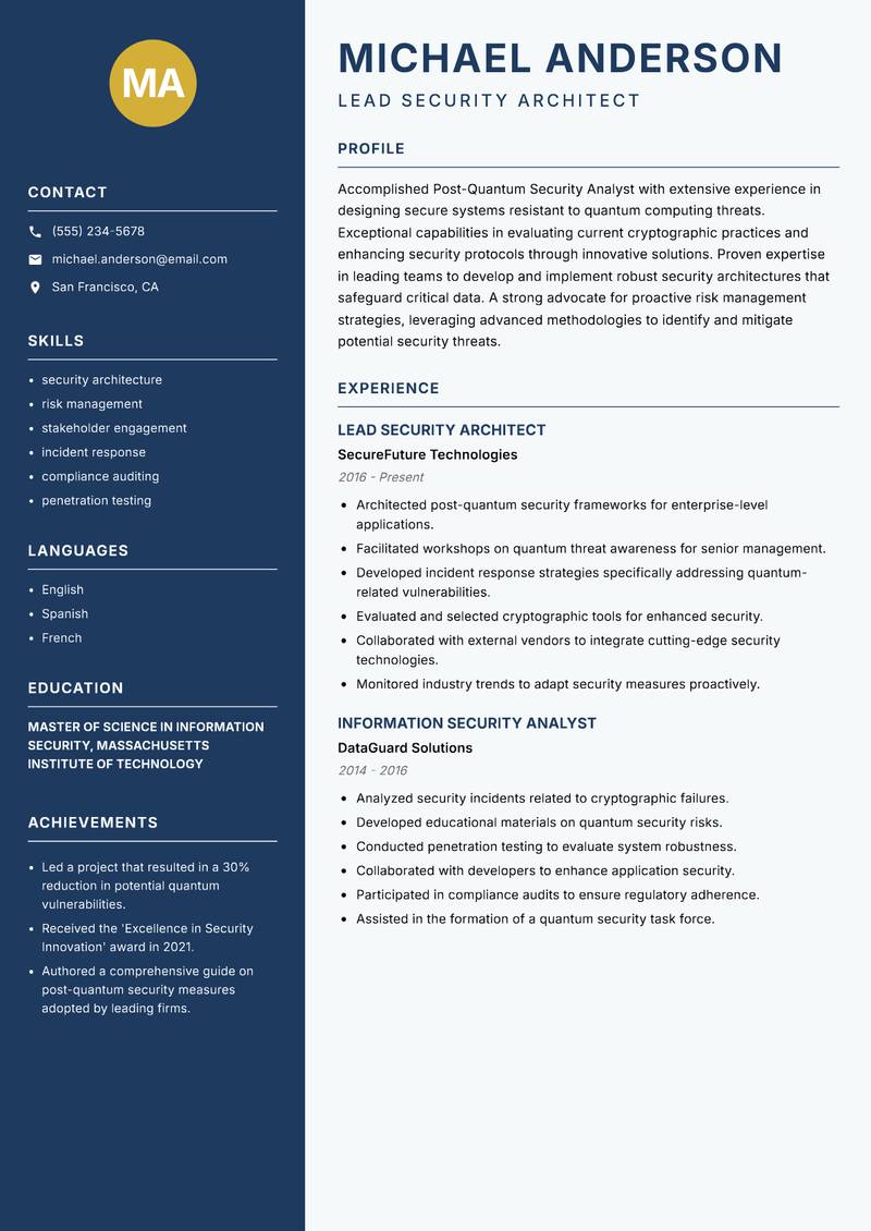 Post-Quantum Security Analyst resume sample — Lead Security Architect focus