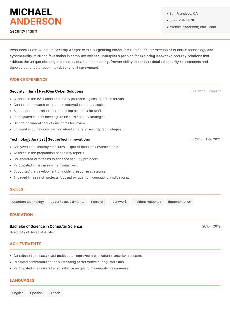Post-Quantum Security Analyst resume sample — Security Intern focus