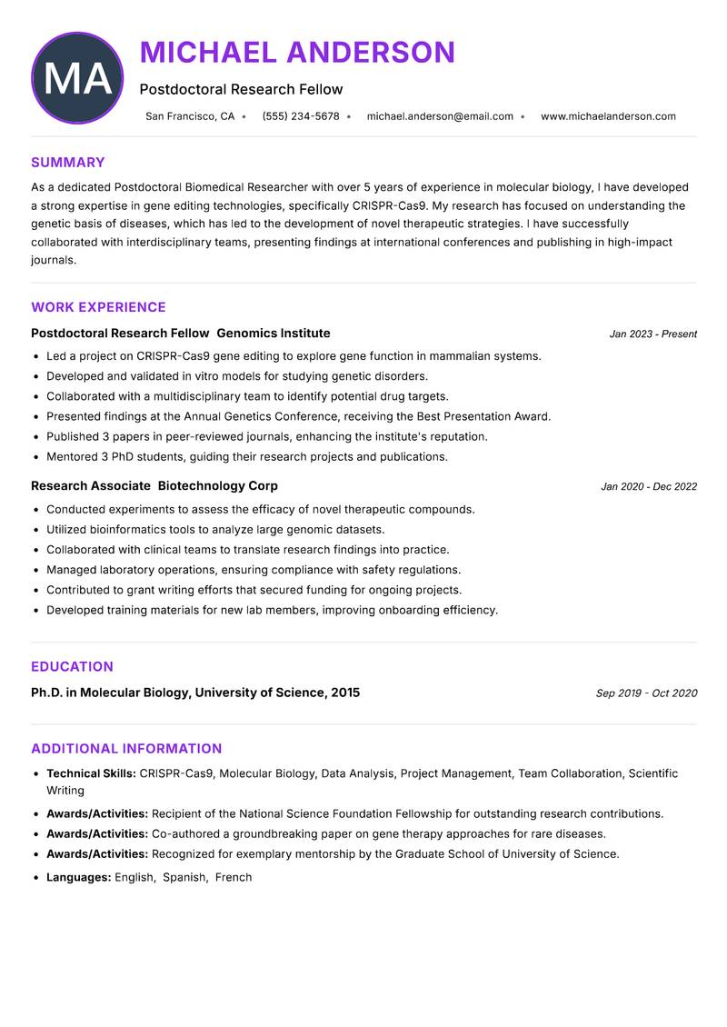 Postdoctoral Biomedical Researcher resume example