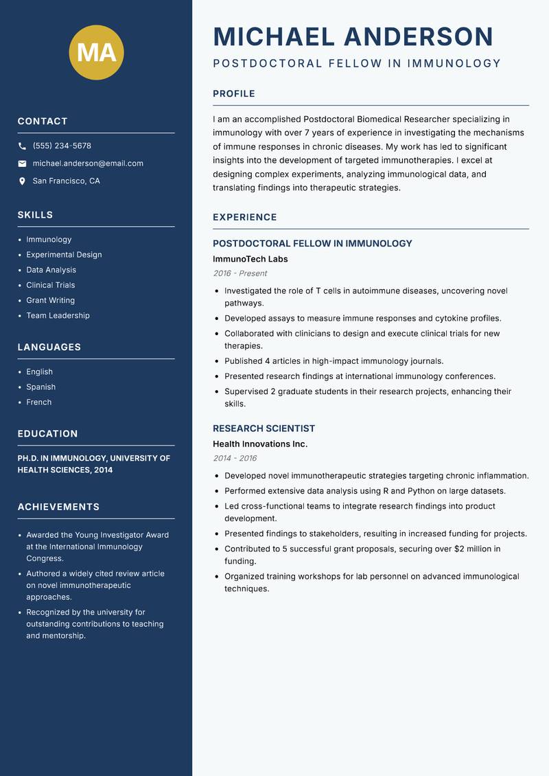 Postdoctoral Biomedical Researcher resume sample — Postdoctoral Fellow in Immunology focus