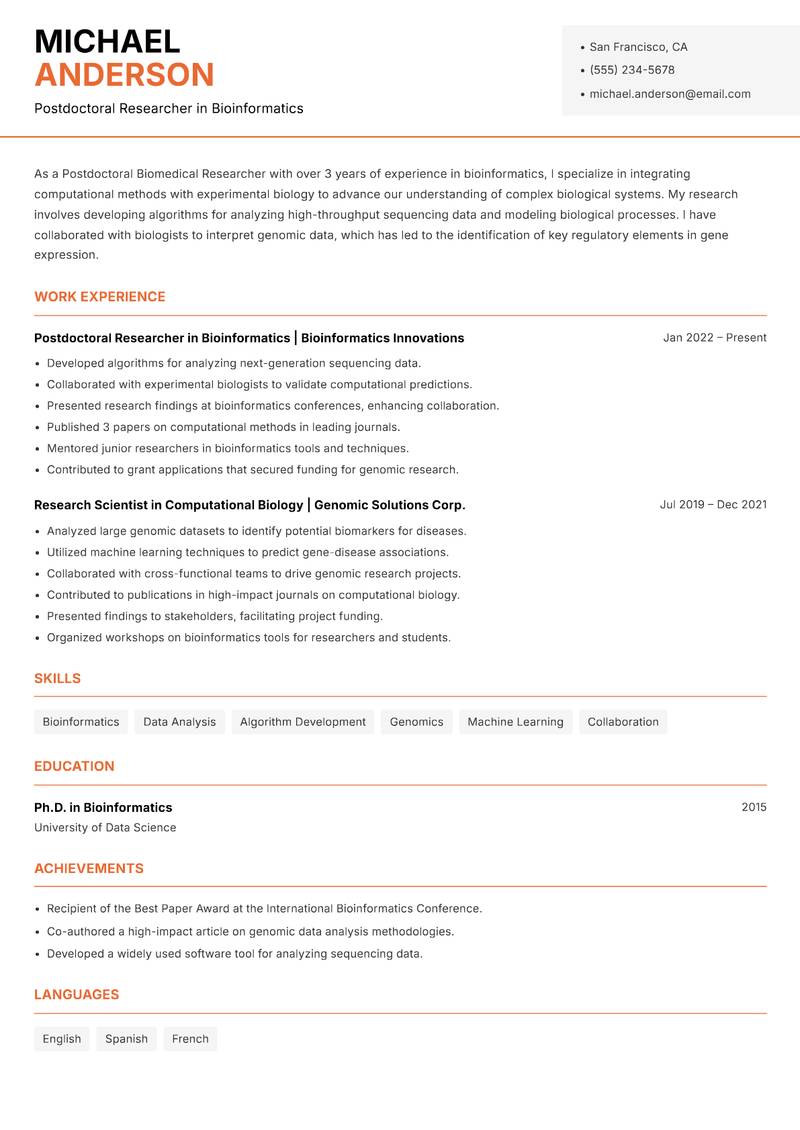 Postdoctoral Biomedical Researcher resume sample — Postdoctoral Researcher in Bioinformatics focus