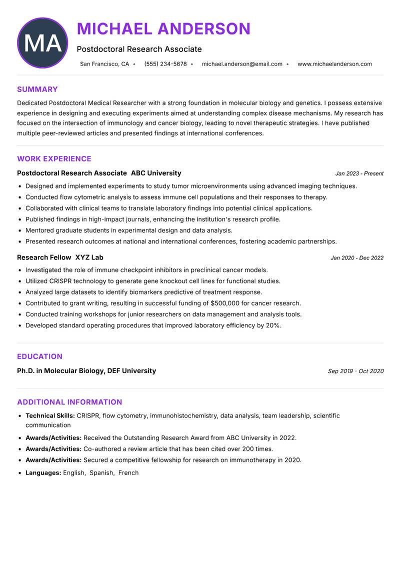 Postdoctoral Medical Researcher resume example